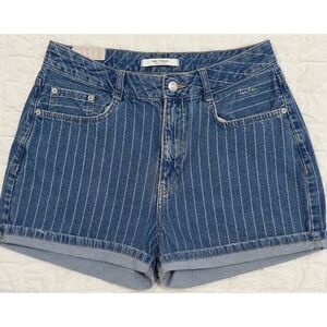 Zara Trafaluc Pinstripe Denim Shorts High Waisted Blue Cuffed Jean Shorts Size 6